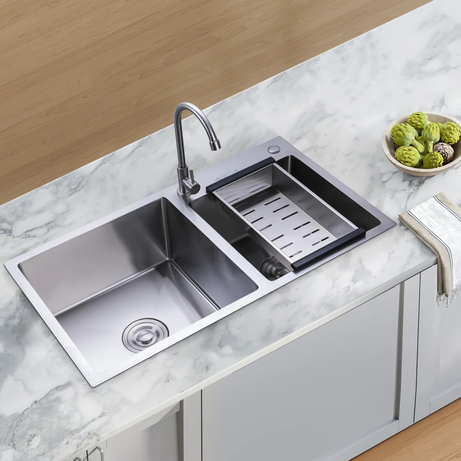 Kitchen Sink With Drain Basket Double Basin Drop Quiet Work Large Capacity 78*43*21cm Commercial or Household Kitchen Fixture