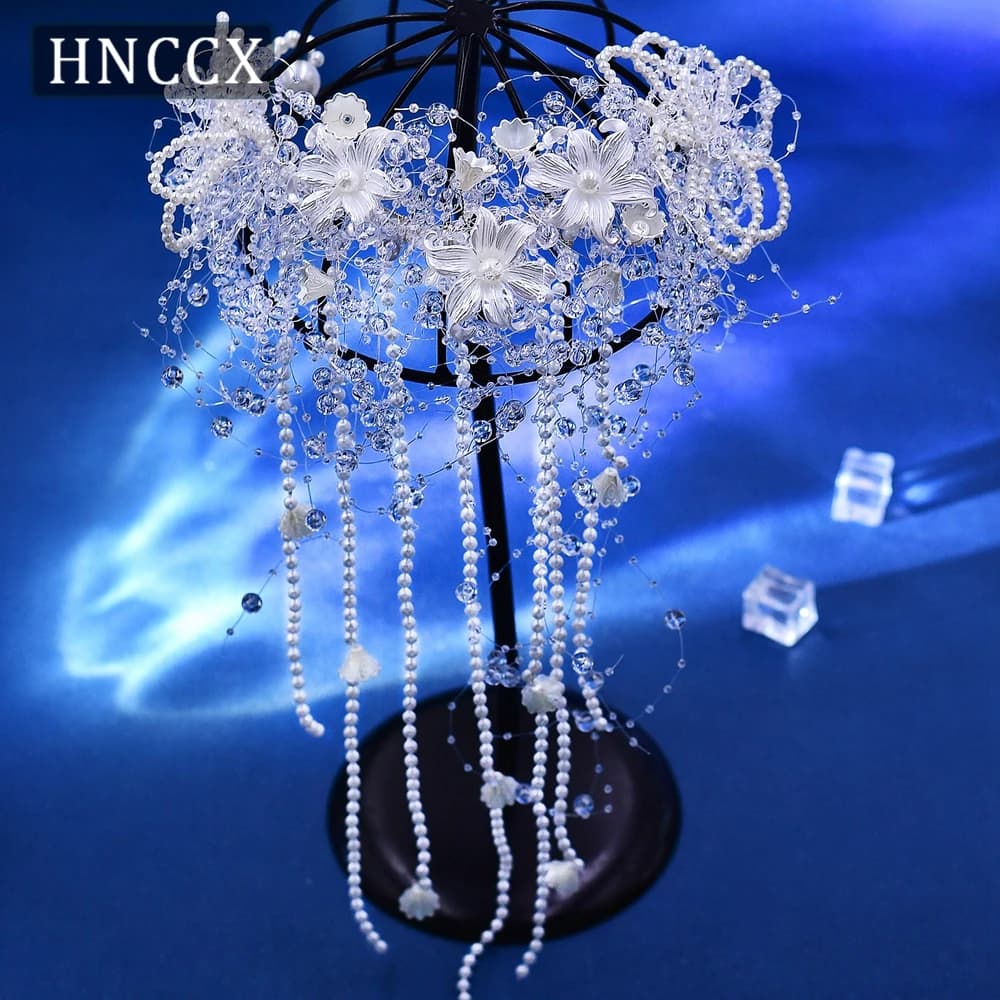 HNCCX Trendy White Color Pearl Flower Headband Bridal Tiara For Women Bride Pearl Tassel Luxury Wedding Hair Accessories CP741 ﻿