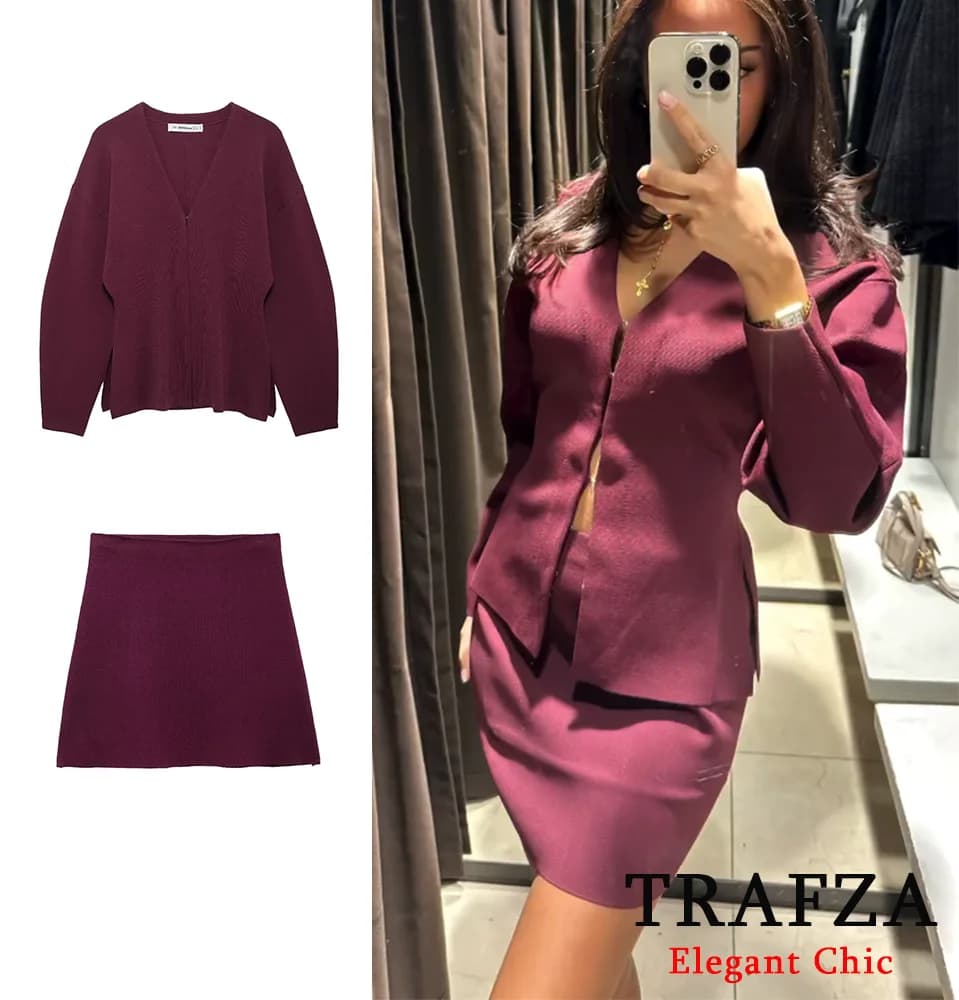 TRAFZA-Women Fashion Knitted Skirt Set Loose Knitted Top Coat and A-Line Skirt New 2025 Spring Autumn Fall Burgundy Modern Set