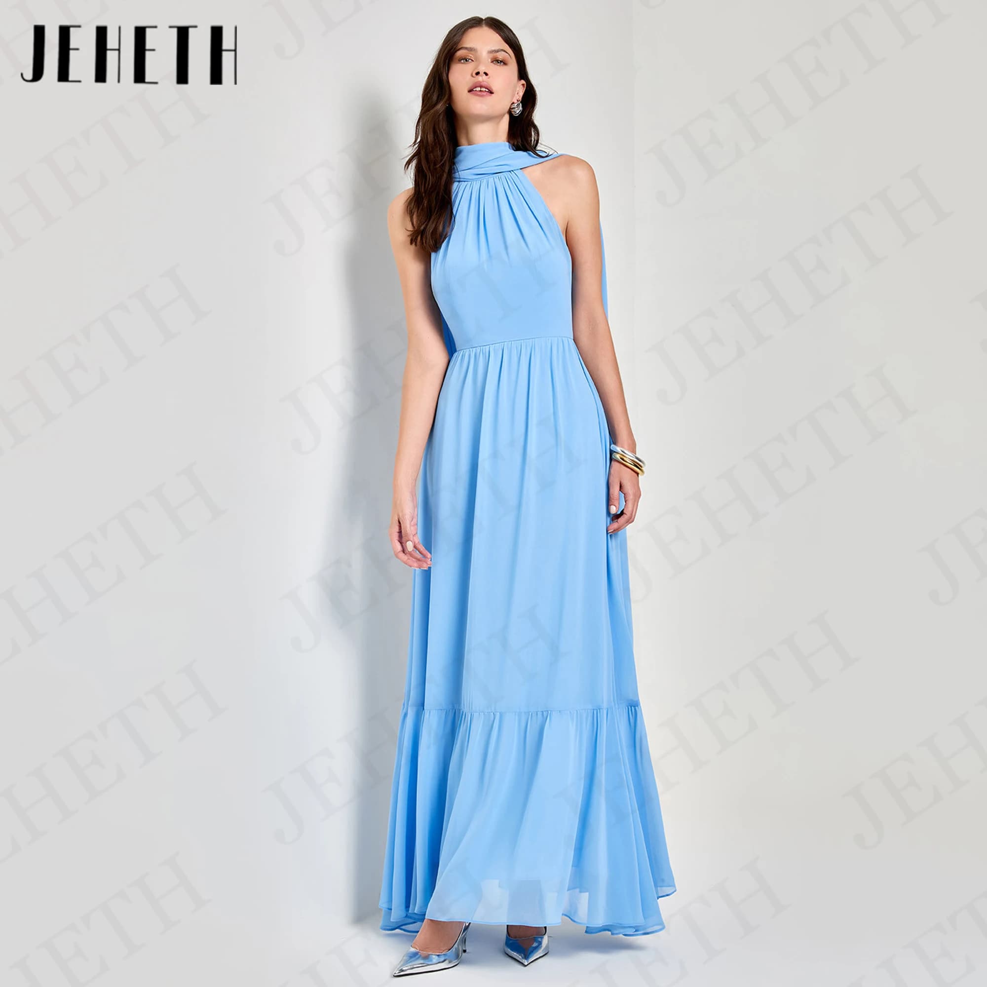 JEHETH Halter Simple Prom Dresses 2024 Backless Chiffon A Line Dinner Dress Women Elegant vestido de festa Floor Length Women