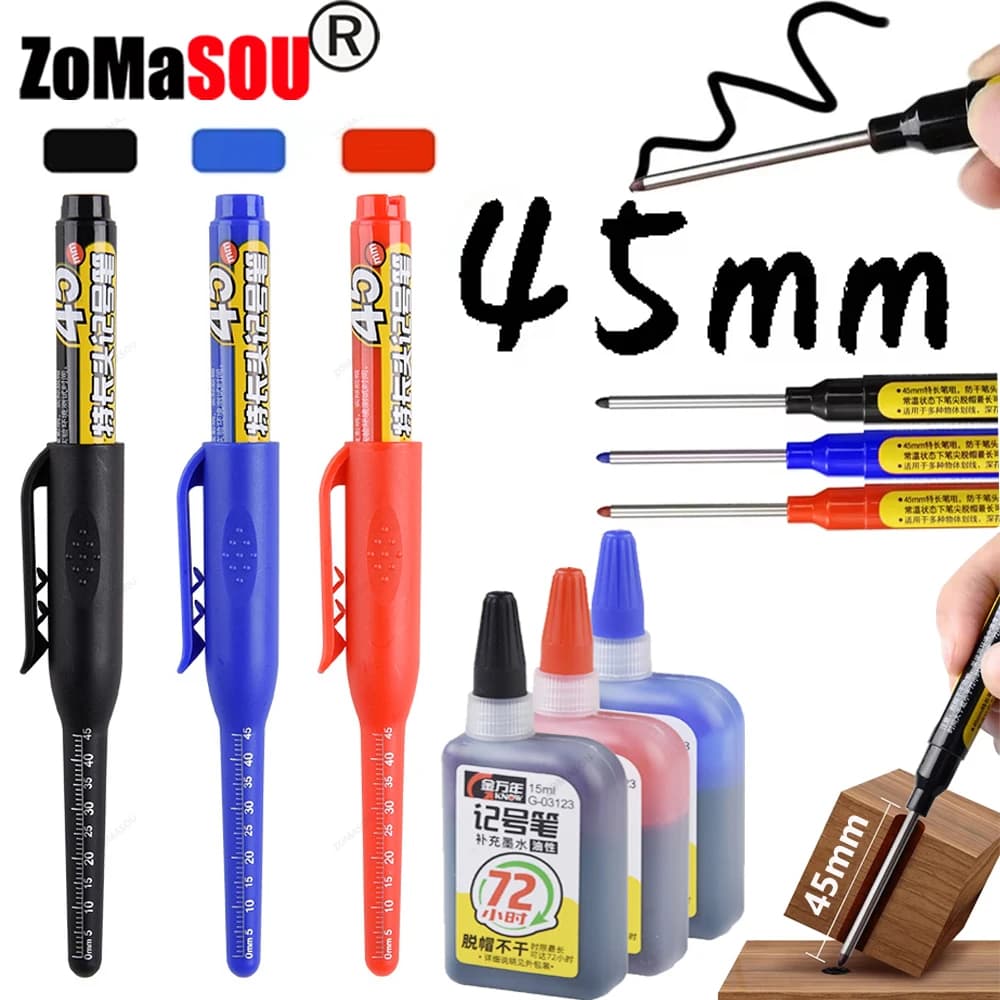 New!45mm Waterproof Long Head Nib Deep Hole Markers Pen Tile Carpenter Pen Multi-purpose for Woodworking Black/Blue/Red Ink