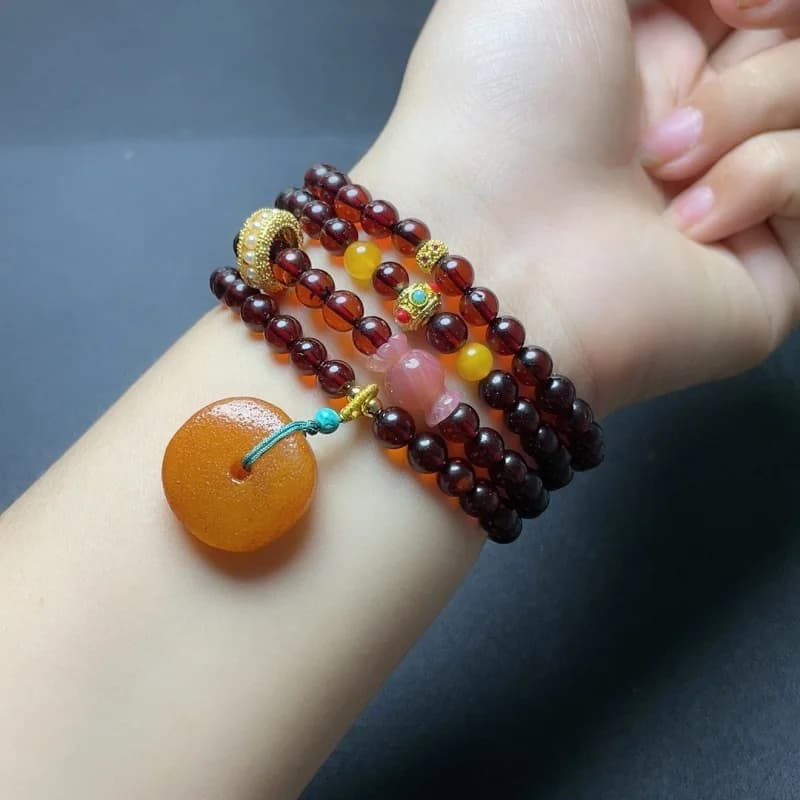 Blood Amber Multi-Circle Bracelet with Beeswax Square Buckle Pendant Candy Accessories Multi-Circle Bracelet Light Luxury Origin