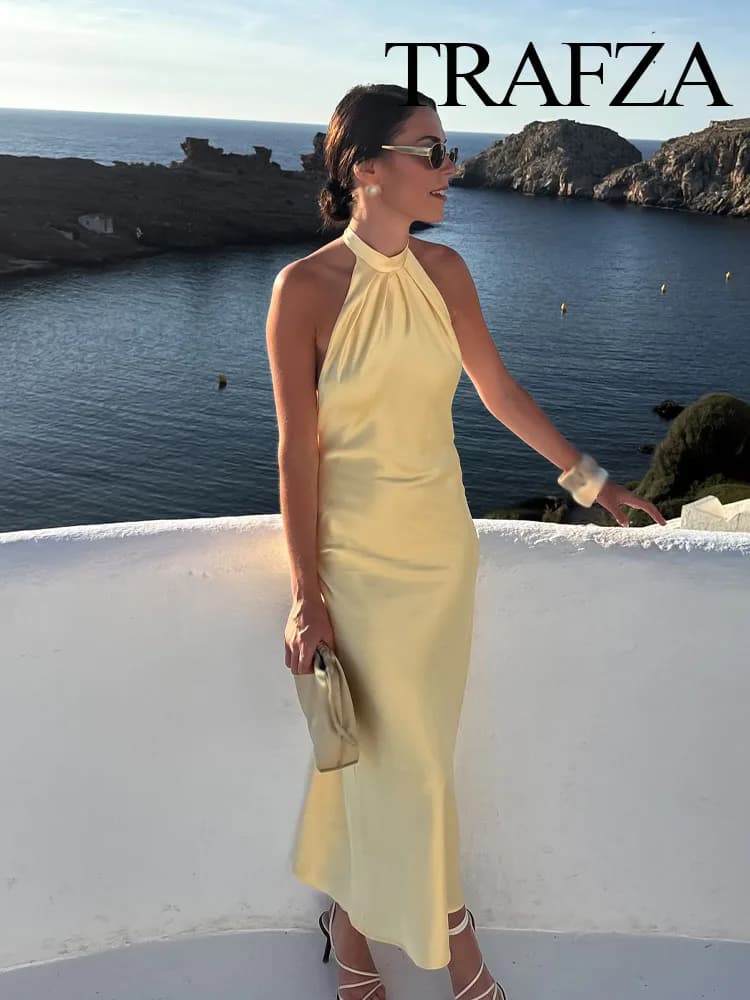 TRAFZA Summer Fashion Women Dress Solid Sleeveless Backless Bow Decoration Zipper Female Elegant Slim Long Dresses 5 Color