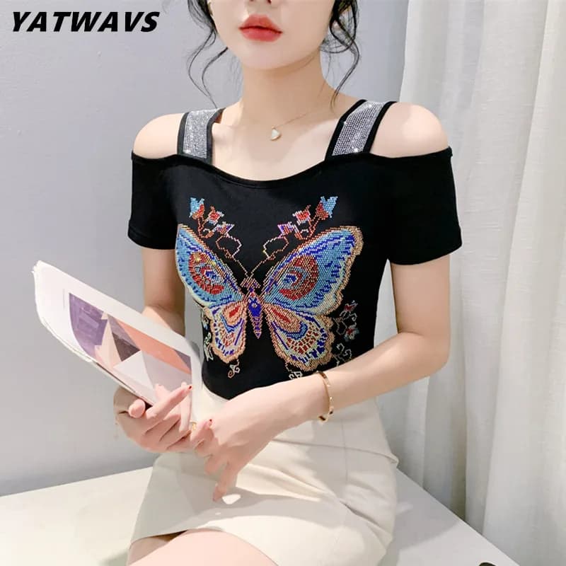 New Summer T-shirt Girls Slash-Neck Short Sleeve Tops Shirt Fashion Butterfly Diamonds Tees Women Double-layer Mesh Slim Clothes