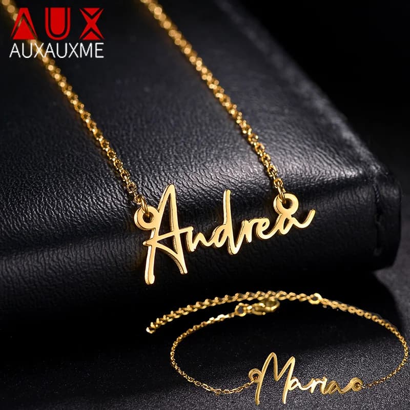 Auxauxme Custom Name Jewelry Set Stainless Steel Personzlied Nameplate Thin Chain Necklace Bracelet Jewelry Gifts