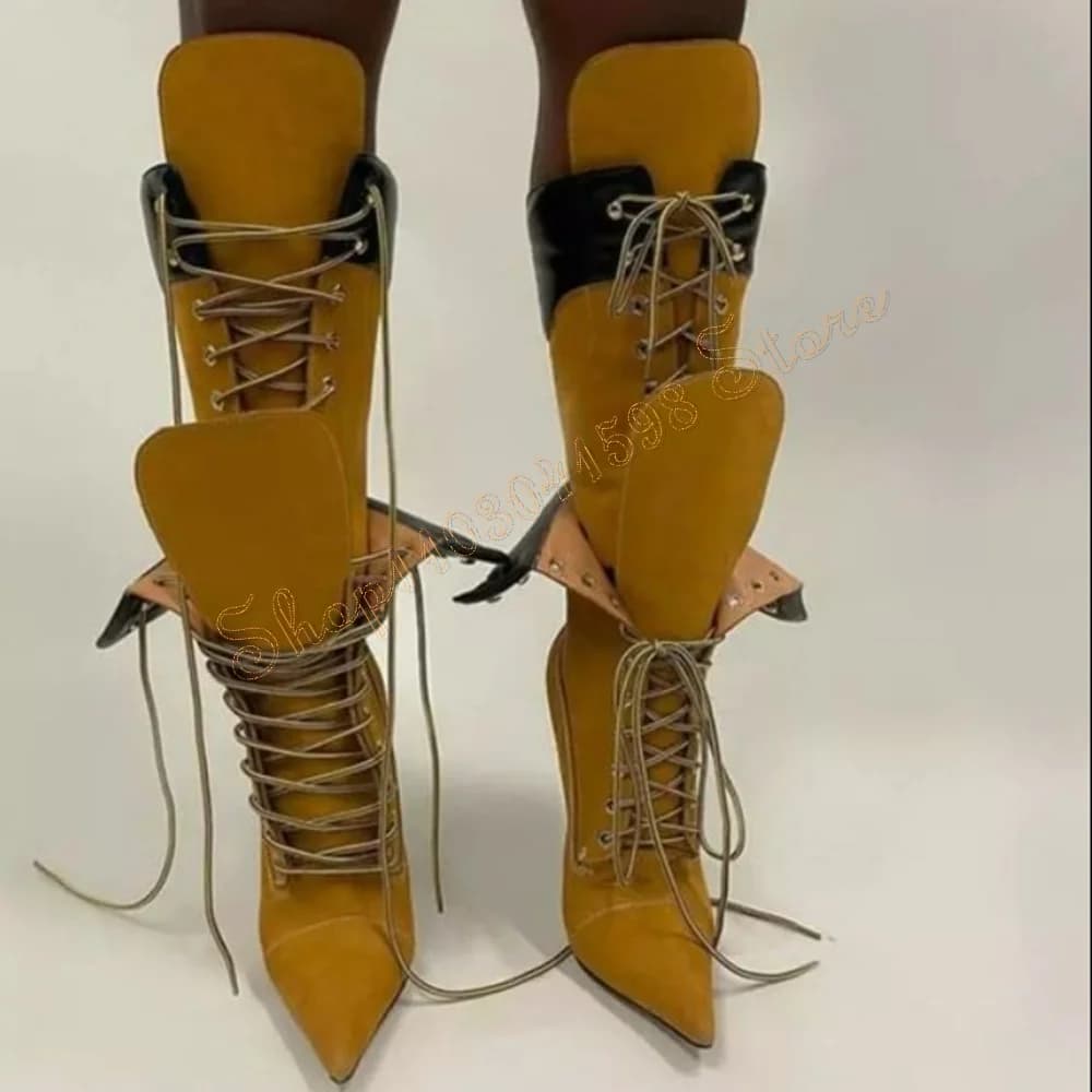 Yellow Lace up Over the Knee Boots Stilettos High Heels Pointed Toe High Heel Shoes for Women Heels 2024 New Zapatos Para Mujere