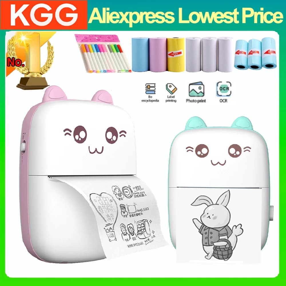 KGG Portable Mini Thermal Printer Wireless BT 203dpi Photo Sticker Label Memo Wrong Question Printing Paper No Ink Print