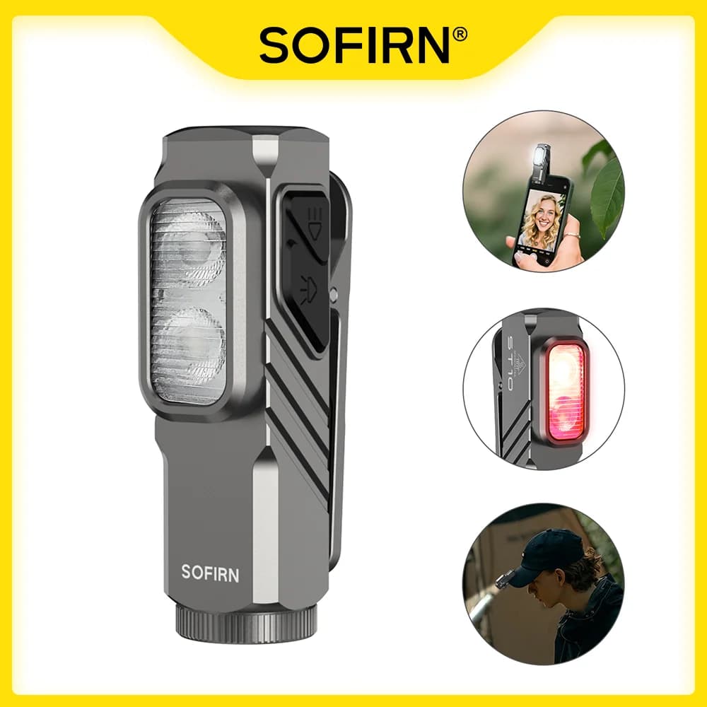 SOFIRN ST10 1000lm Mini Clamp Flashlight 144m 7000K LED Light 14500 USB C Rechargeable White&Red Lamp IPX6 with Magnetic Tailcap