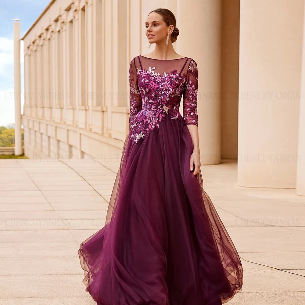 Fuchsia Tulle Mother Of The Bride Dresses Half Sleeves A-Line Wedding Guest Gowns Applique Long Women Wedding Party GDS980036