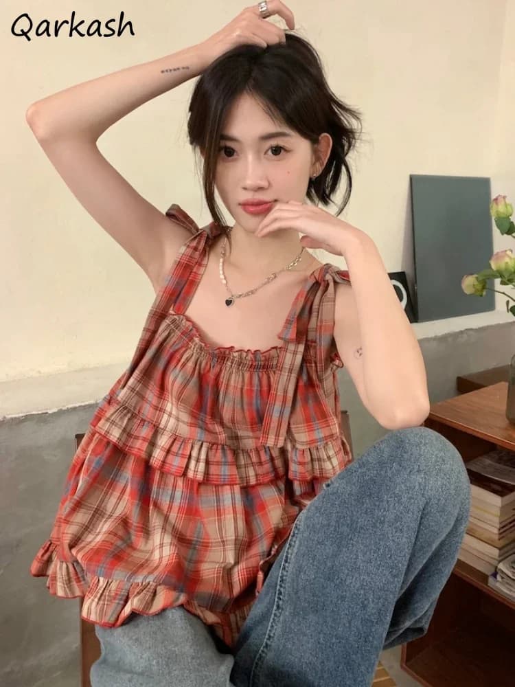 Red Plaid Camisoles Women Vintage Ruffles Cute Girlish Cropped Tops Holiday Cool Streetwear College Stylish Princess Sleeveless