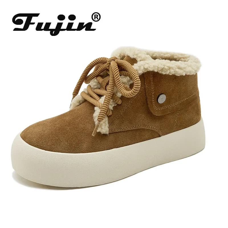 Koznoy 3cm Suede Genuine Leather Ankle Booties Thick Sole Motorcycle Women Autumn Boot Flats Winter Plush Platform Wedge Shoes