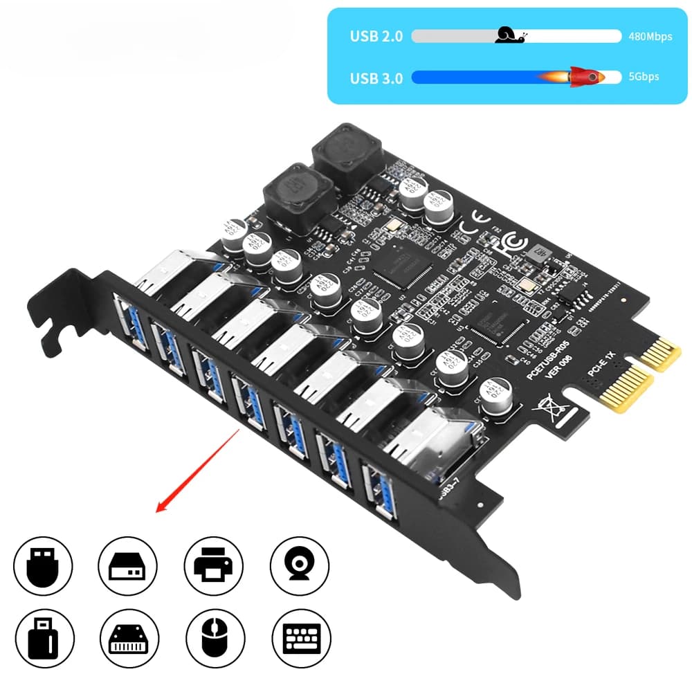 USB 3.2 Gen1 PCI Express Multiplier PCI E to 7 ports USB 3 Hub Expansion Adapter Card PCI-E 1X Controller for Desktop