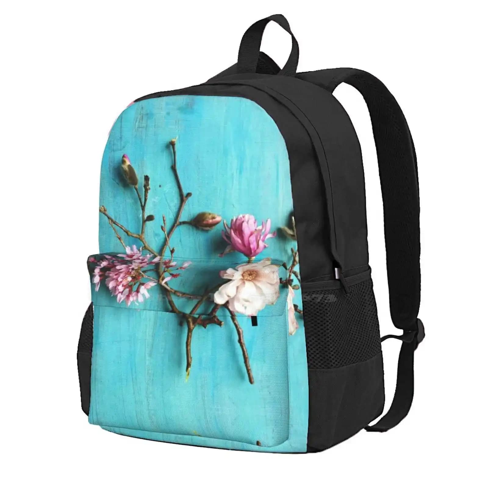 Flowers Of Spring Hot Sale Schoolbag Backpack Fashion Bags Spring Still Life Colorful Happy Aqua Turquoise Blue Floral Flowers