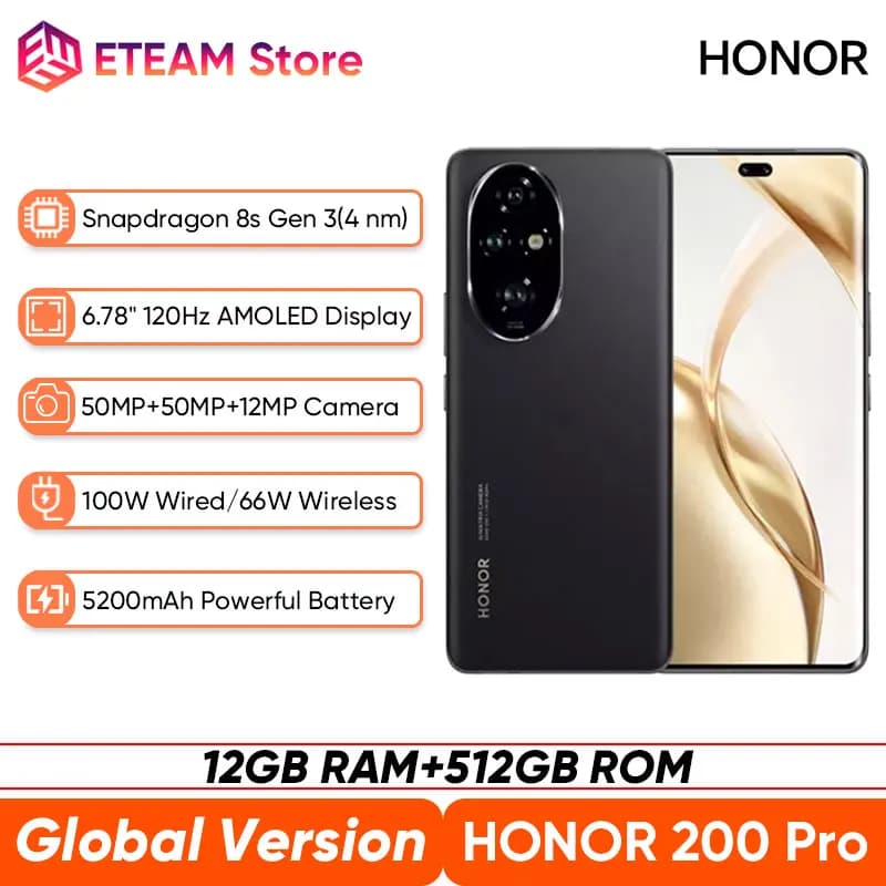2024 Global Version HONOR 200 Pro Snapdragon 8s Gen 3 5G Smart phone 6.78'' 120Hz AMOLED 5200mAh Large Battery 100W SuperCharge