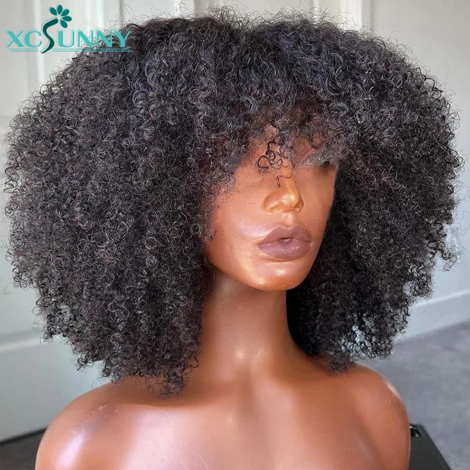 Afro Kinky Curly Wig With Bangs Full Machine Made Scalp Top Wig 200 Density Brazilian Short Curly Bang Wig Human Hair Xcsunny