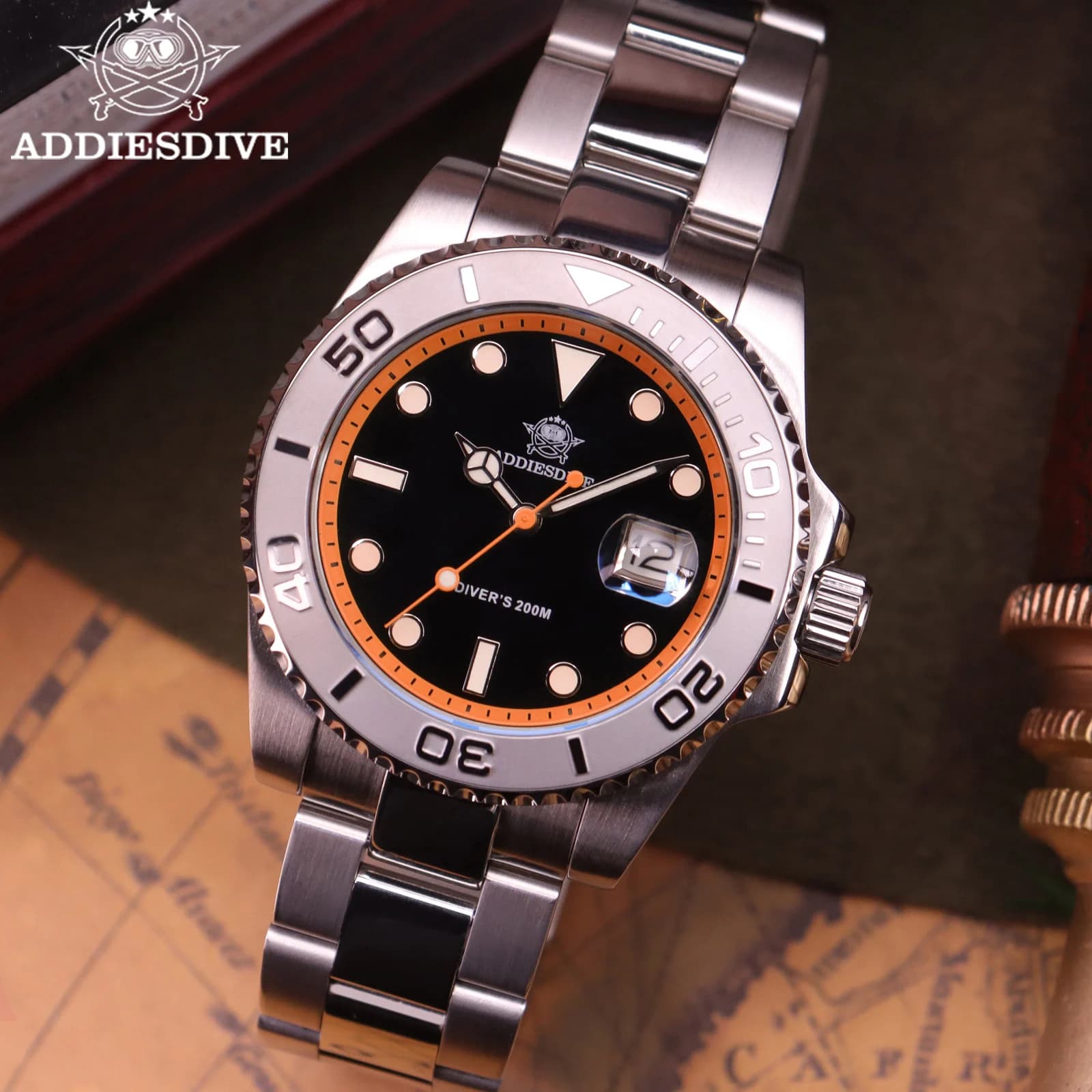 ADDIESDIVE Quartz Watches Luxury Men Leisure Stainless Steel Silver Dive Watch 200M Waterproof Outdoor Sport Business Wristwatch