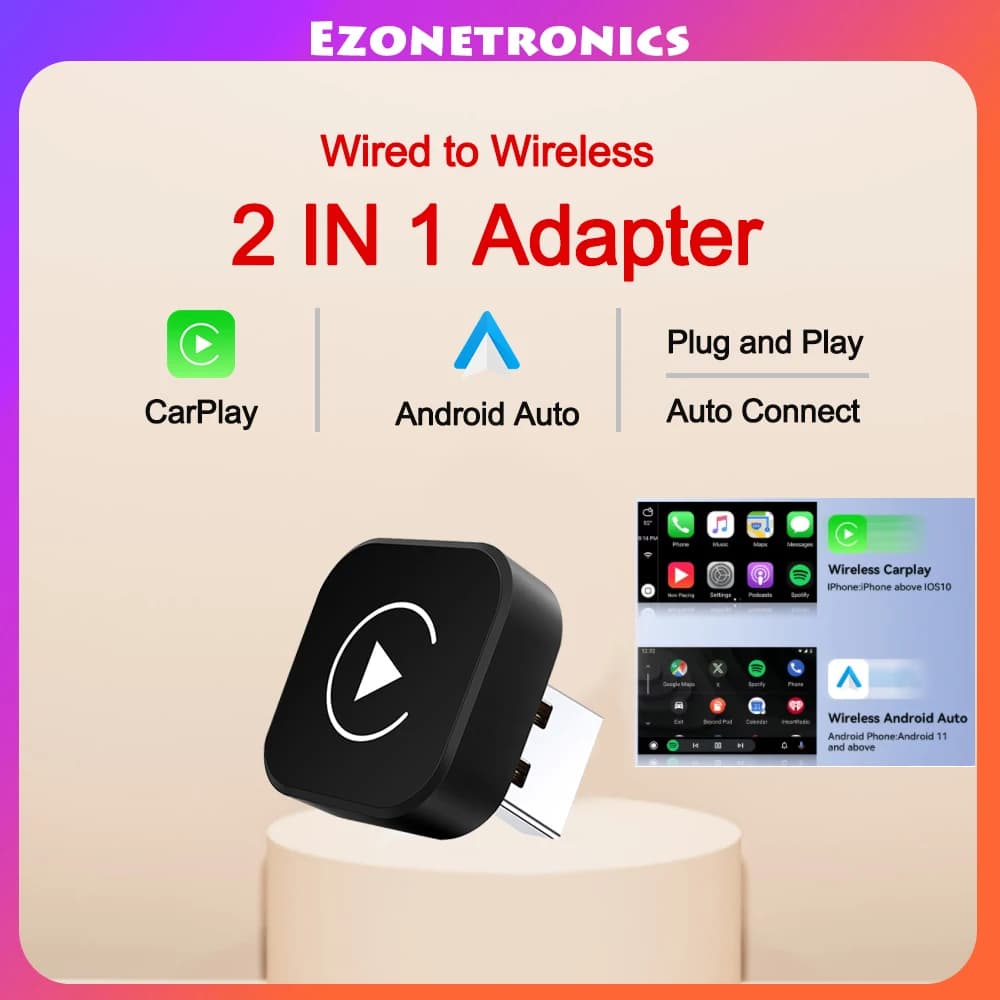 2in1 Wired to Wireless CarPlay Android Auto Adapter for OEM Car Stereo With USB Plug and Play