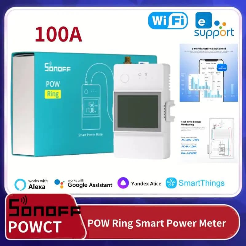 SONOFF POWCT POW Ring Smart Power Meter Current Transformer 100A Energy Monitor Contacter Control Works with Alexa Google IFTTT