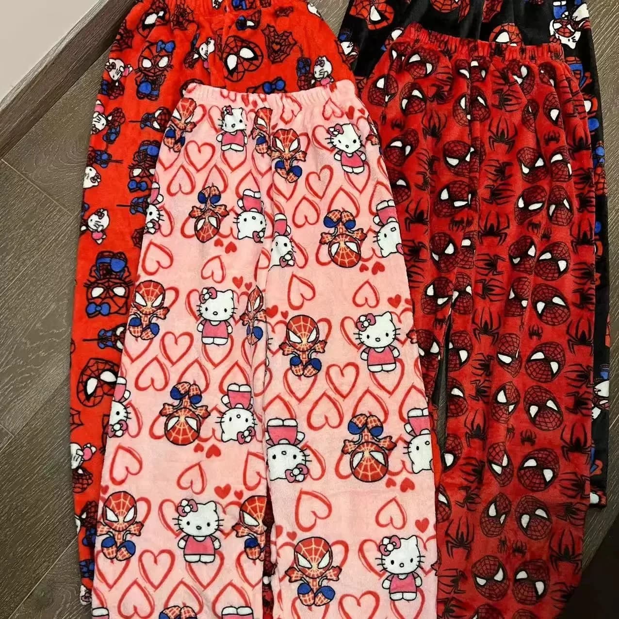 Y2K Hello Kitty SpiderMan Sleeping Pants Anime Pajama Pants Flannel Casual Pants Cartoon Comfy Loungewear Trousers Couple Gift