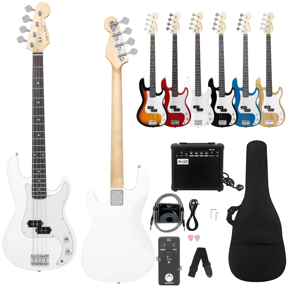 White HK-LADE Electric Bass Set Rosewood Electric Bass Guitar Set with Amplifier Bag Strap Picks 3M connection line Accessories