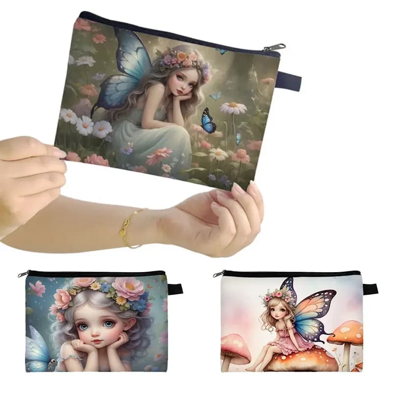 Fantasy Fairy Elf Print Cosmetic Case Cartoon Mushroom Women Lipstick Storage Bag ID Credit Card Key Earphone Holder Makeup Bag