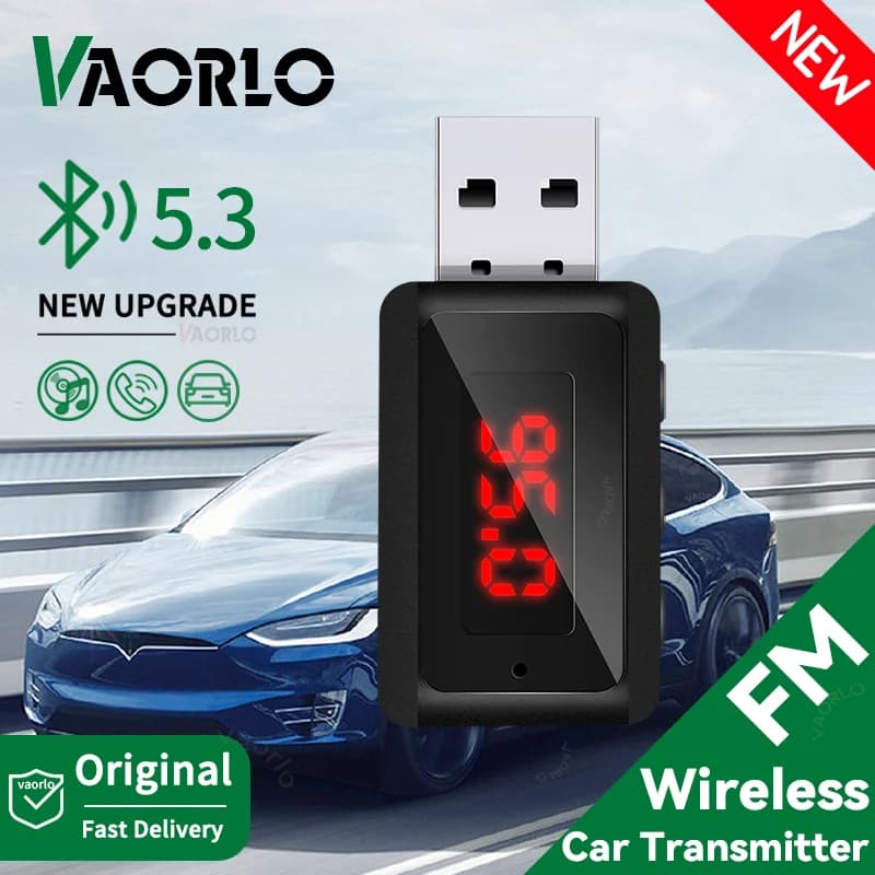 VAORLO Car Bluetooth 5.3 FM Transmitter USB Wireless Audio Adapter With MIC Hands-Free Calling Music For Car Audio