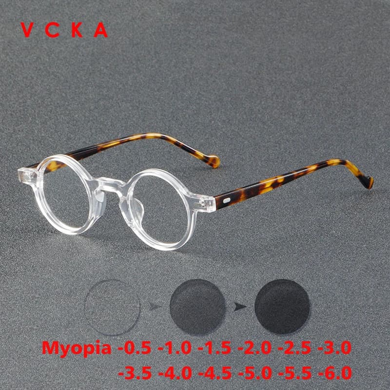 VCKA Acetate Myopia Glasses Frames Men Small Round Anti-blue Discolor Eyeglasses Women Optical Prescription Eyewear -0.5 TO -6.0