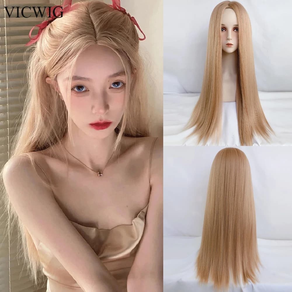 VICWIG Blonde Long Straight Wig Synthetic Women Natural Lolita Cosplay Hair Wig Heat Resistant Wig for Daily Party