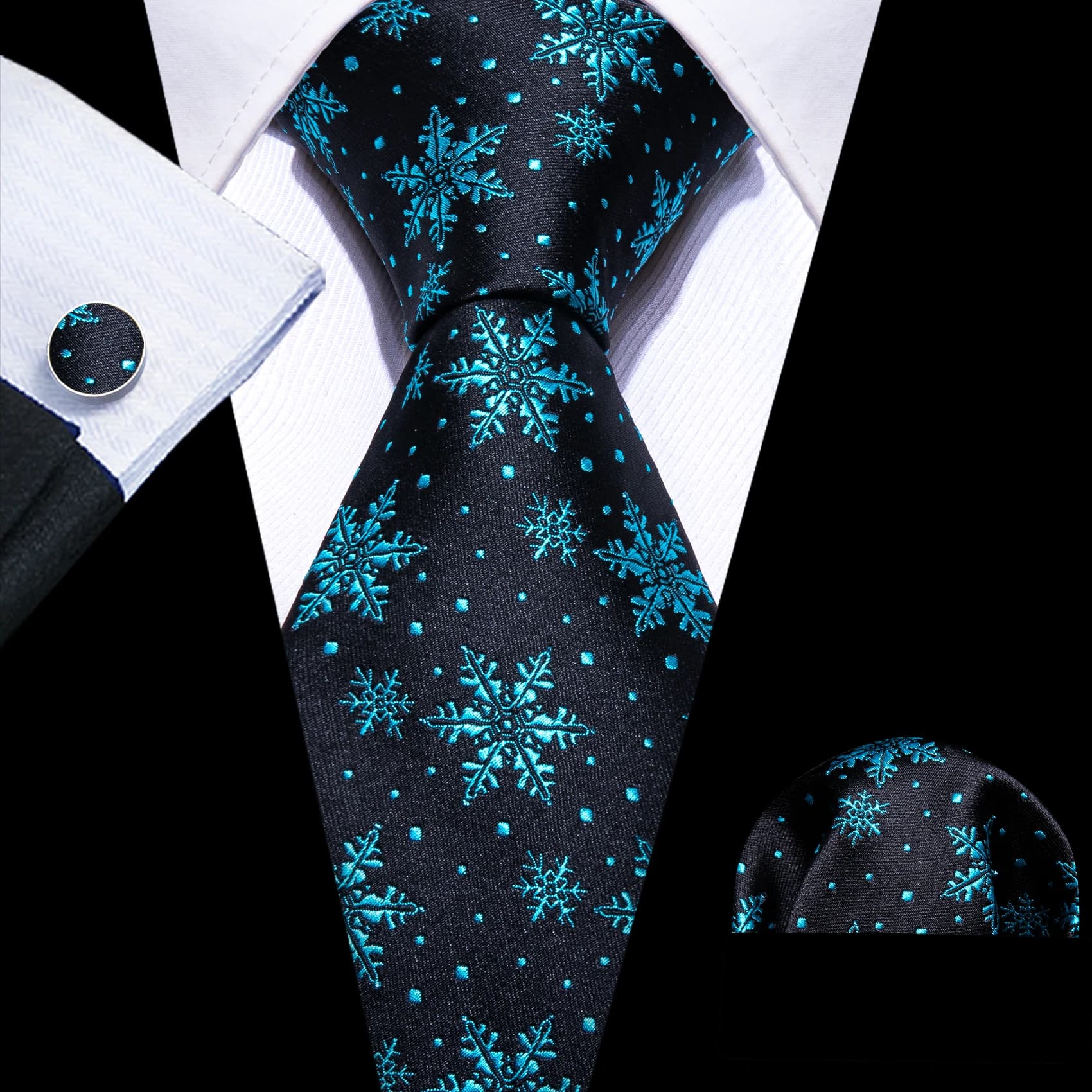 Christmas Silk Men Tie Red Blue Green Gold Black Snowflake Christmas Trees Necktie Pocket Square Cufflinks Set Barry. Wang