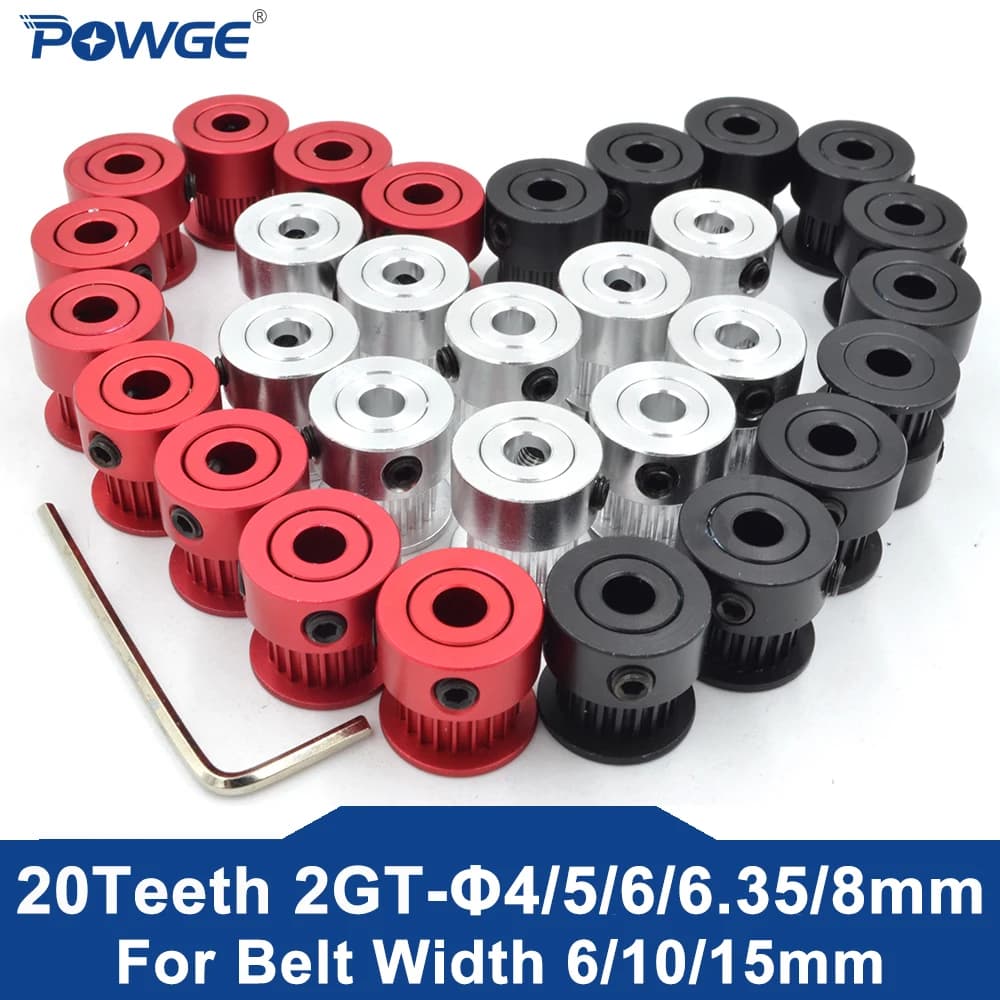 POWGE GT 20 Teeth 2GT Timing Pulley Bore 4/5/6/6.35/8mm for 2MGT GT2 Synchronous belt width 6/10/15mm small backlash 20Teeth 20T