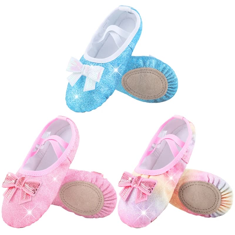 Ballet Shoes Split-Sole Glitter Flats Soft & Breathable Ballet Shoes for Girls Toddler/Kid With Bow Knot