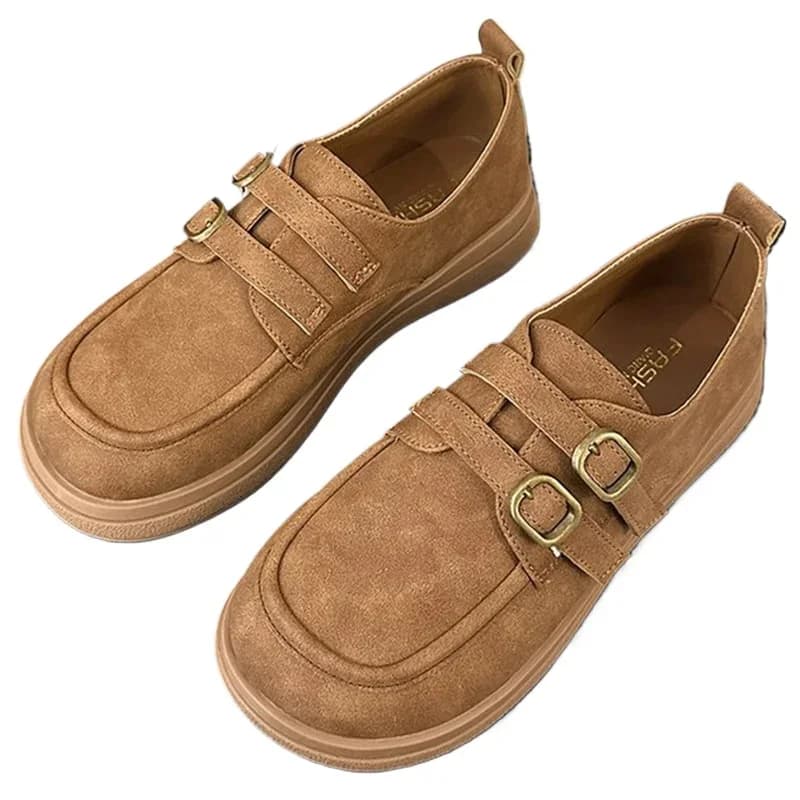 Womens Derby Shoes Autumn Slip-on Female Footwear Loafers With Fur Clogs Platform Leather Summer New Fall Retro Slip On Dress