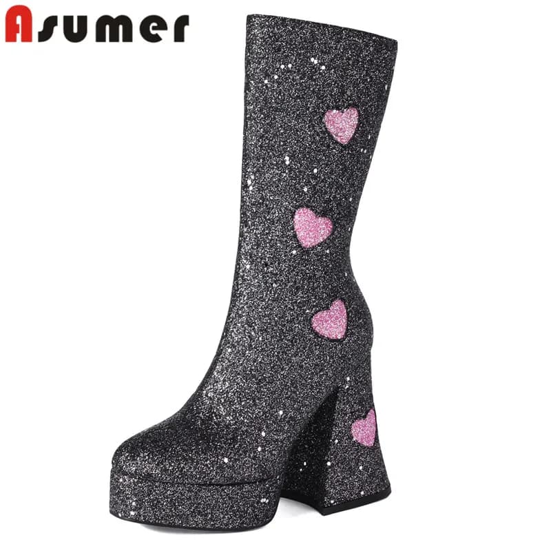 ASUMER 2024 New Fashion Sequined Cloth Mid Calf Boots Ladies Zipper Heart Shaped Winter Boots Thick High Heels Platform Boots