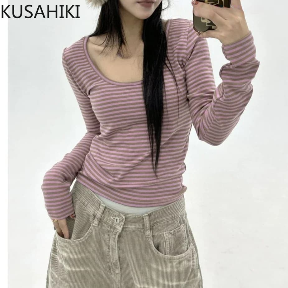 KUSAHIKI Sexy Retro Stripes Korean Versatile Slim Fit Long Sleeved Round Neck Base Shirt Short Spicy Girl Y2k Top 2024 New