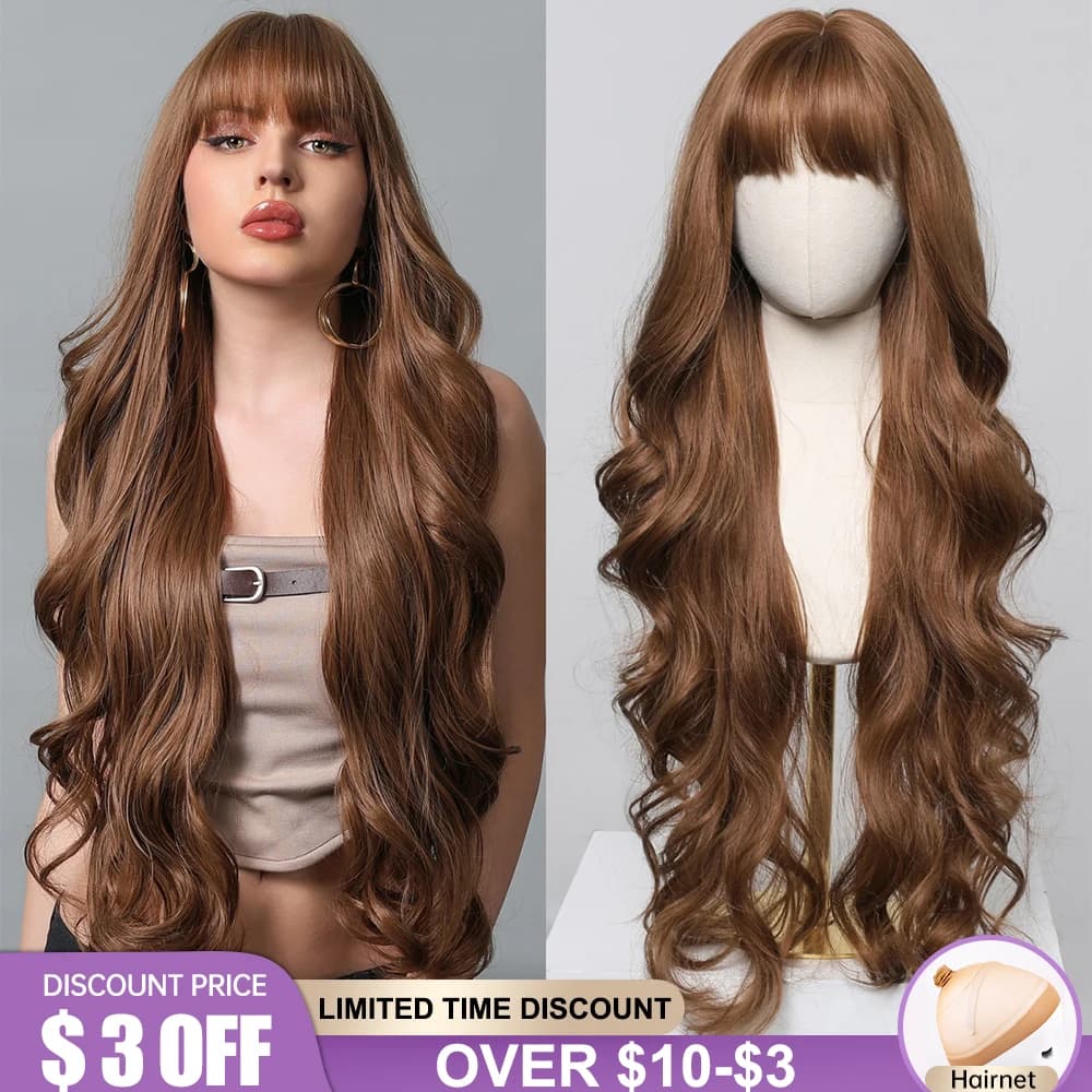 GEMMA Super Long Golden Brown Wavy Synthetic Wigs with Bangs for Women Daily Cosplay Party Use Natural Heat Resistant Hair Wig