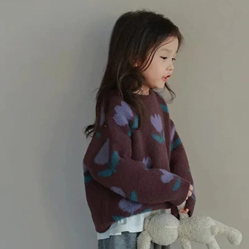 Baby Girls' Flower Pullover Sweater 2024 Autumn Winter New Korean Style Knitwear Girls Fashion Kids Outfit Children Dark Coat