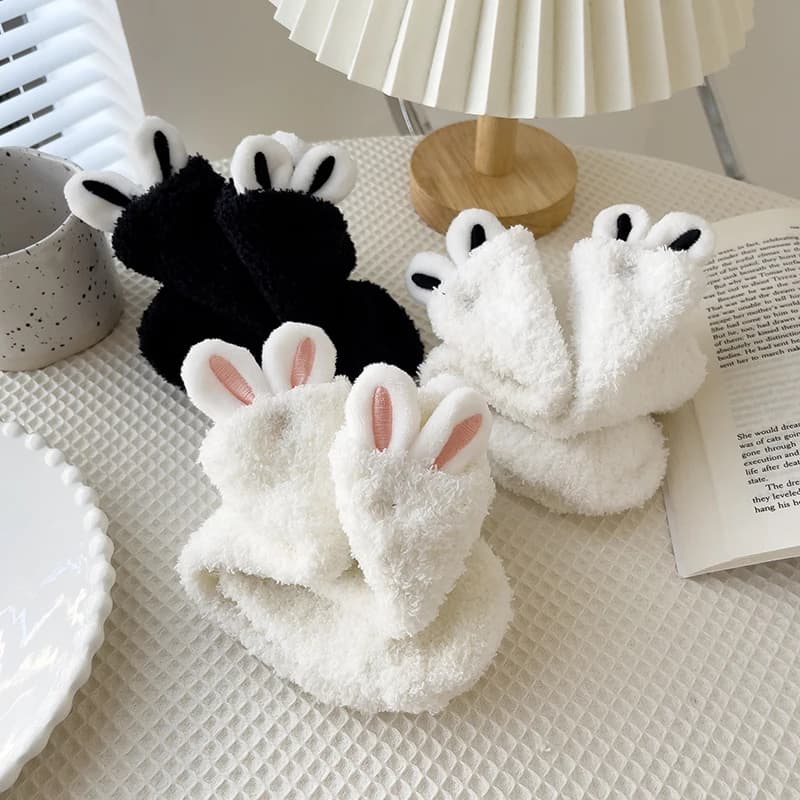 Women's Cartoon Soft Three-dimensional Cute Rabbit Ears Coral Velvet Cute Mid-tube Winter Thicken Lolita Home Warm Sleeping Sock