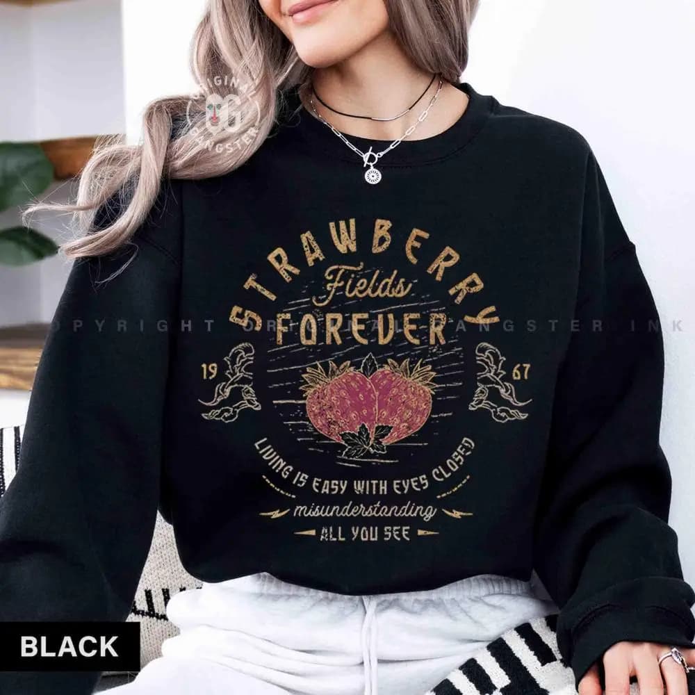 Retro Old School Band Tees Beatle Strawberry Fields Rock Band Casual Unisex Y2K Pullovers Funny Fleece Sweatshirt Streetwear