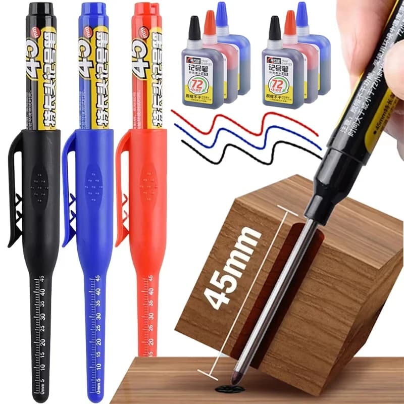 1-6Pcs Multi-Purpose 45mm Deep Drill Hole Long Nib Marker Pens Waterproof for Bathroom Woodworking Long Head Carpenter Pen