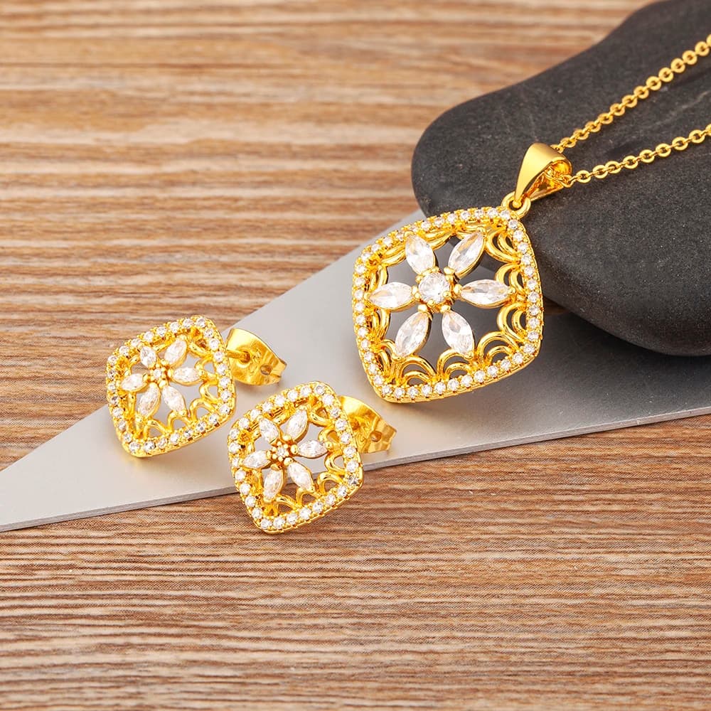 Nidin New Trendy Jewelry Sets for Women Gold Plated Zircon Necklace Earrings Flower Shape LOVE Anniversary Birthday Party Gift