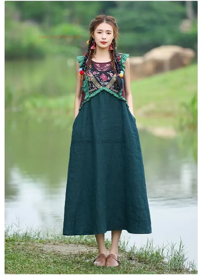 2025 chinese traditional dress vintage national sleeveless cotton linen dress flower embroidery sundress elegant a-line dress