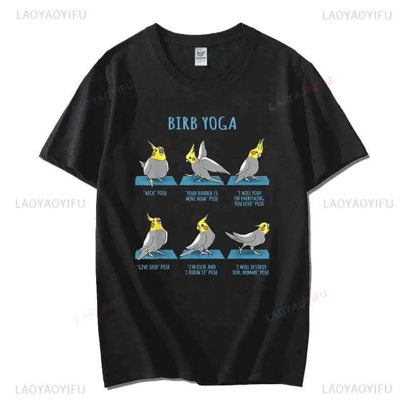 Kawaii Clothes Cockatiel Yoga Poses T-shirt Birb Memes Cute Parrot Graphic Tshirts Summer Cartoon Camisa Cool Cotton Short-sleev