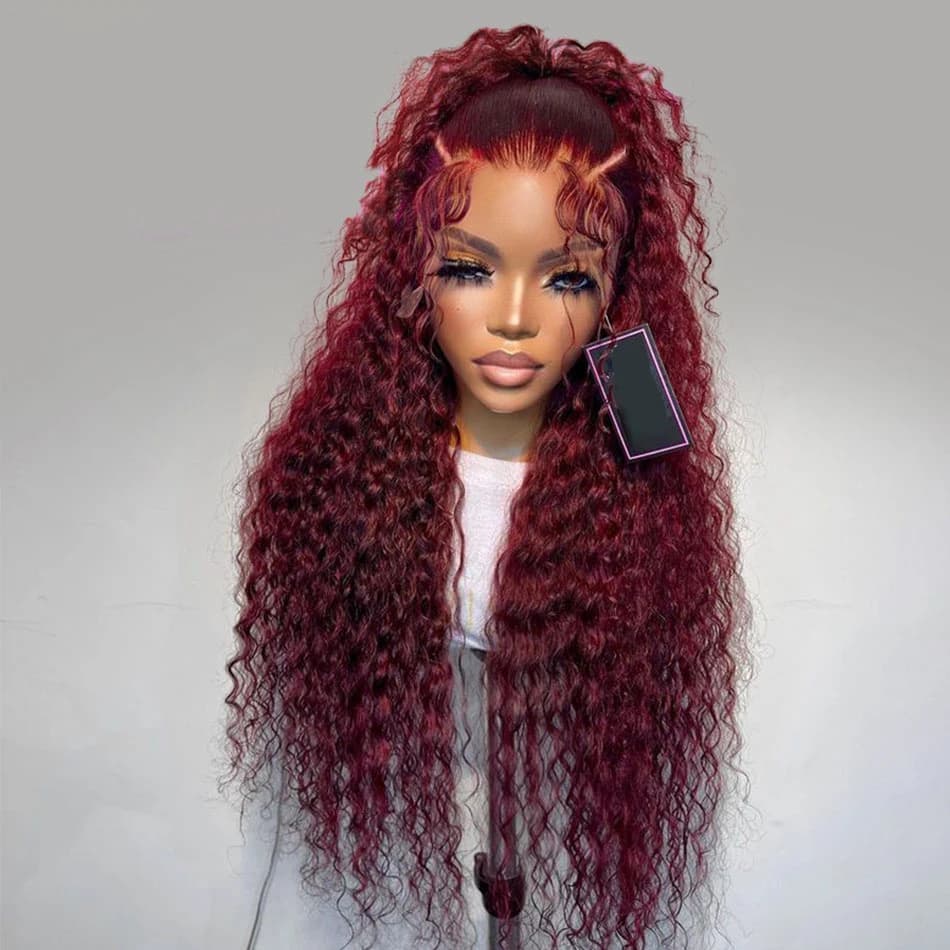 26 Inch Long Burgundy Preplucked 180%Density Glueless 99j Kinky Curly Lace Front Wig BabyHair Heat Temperature Daily Cosplay
