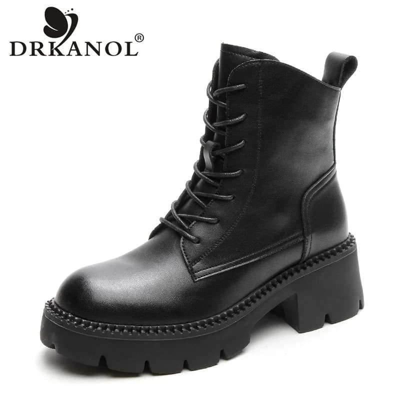DRKANOL British Style Women High Heel Boots Autumn Winter Plush Warm Chunky Platform Mid Calf Boots Handmade Retro Style Black