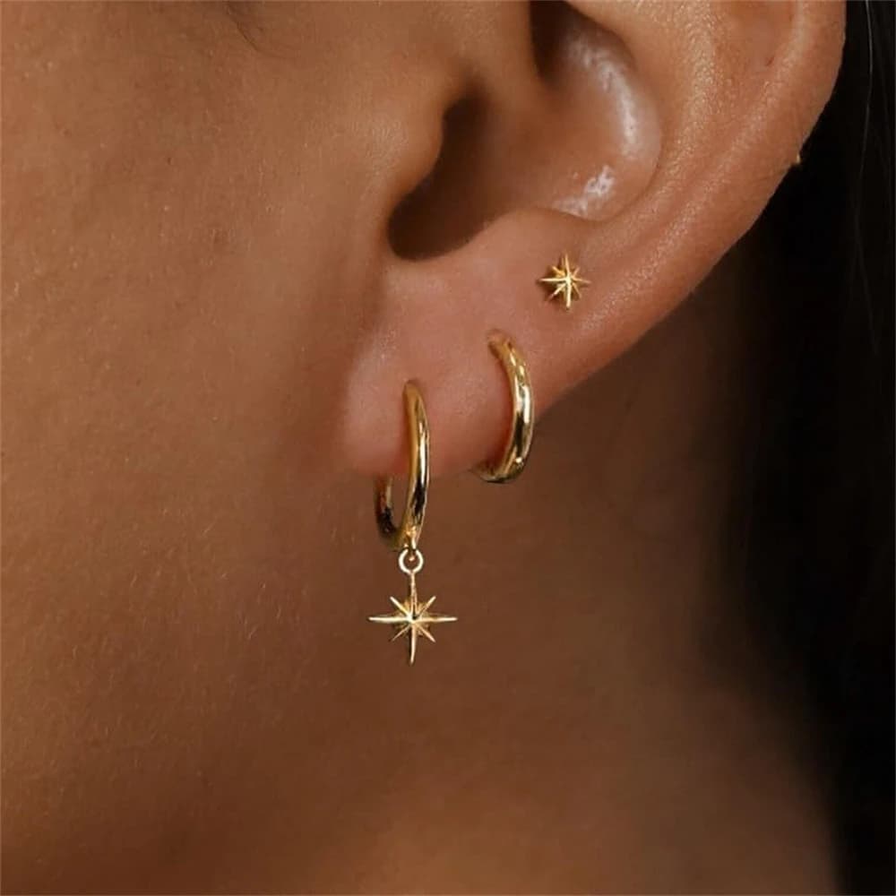 ZAKOL 3 Piece Fashion Round Star Drop Earrings Set for Women Gold Color Dangle Earring Punk Unisex Rock Jewelry