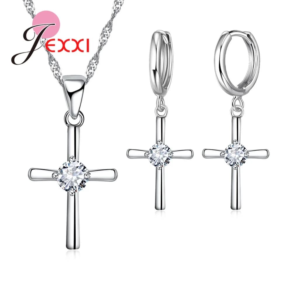925 Sterling Silver Necklace Sets For Women Pendent Earring Set Cross Design Shiny Wedding Party Elegant Jewelry For Lady