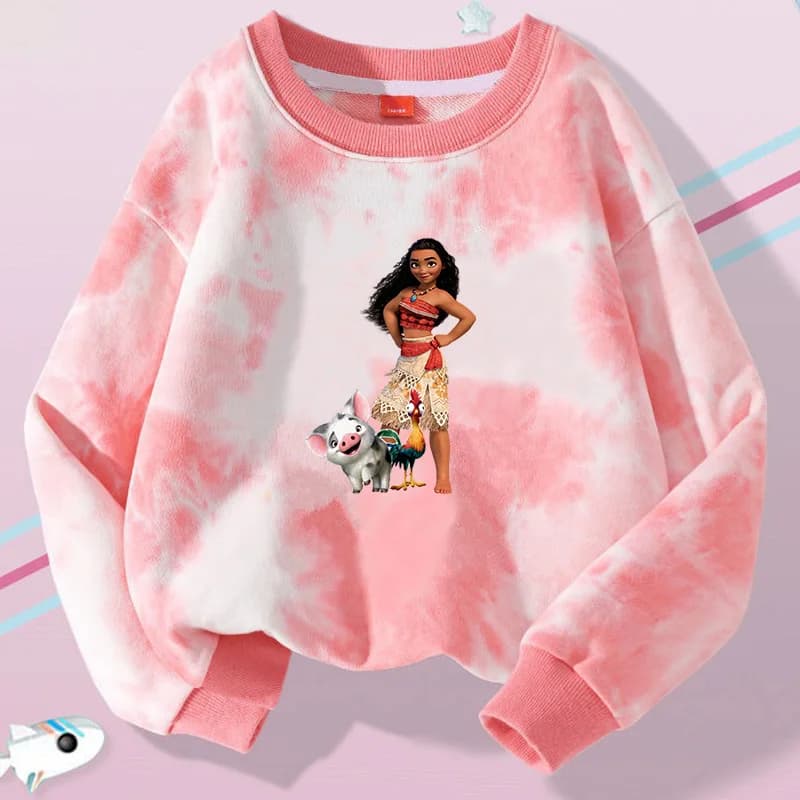 Moana Round Neck Children Cartoon Tie-dye Clothing Girls Pink Purple Pullover Thin Clothing Clothes Kid Sweatshirt Tops Gift
