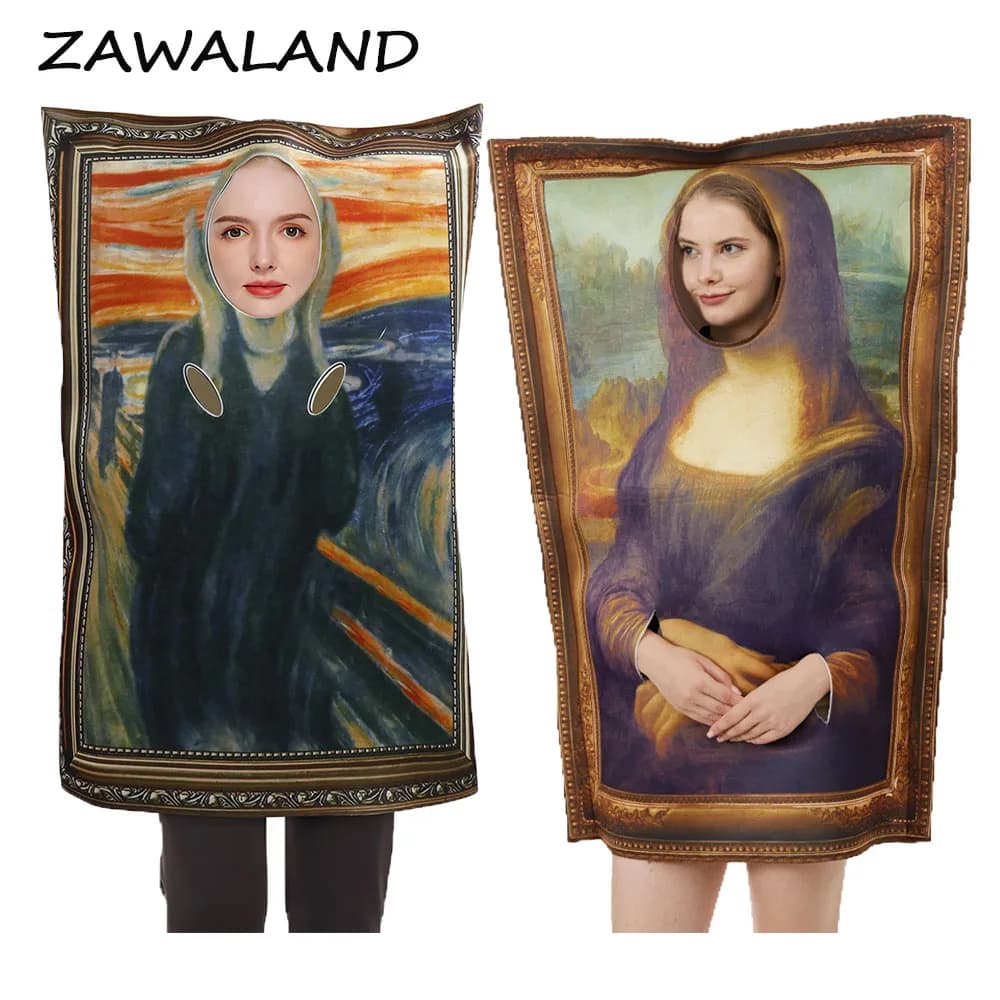 ZAWALAND Adult Kid Mona Lisa Mural Costumes Props Halloween Unisex Cosplay Funny The Scream Mural Dress Up Performance Clothing