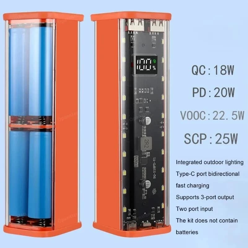 Transparent Shell 8*18650 Power Bank Case 22.5W Fast Charging LED USB C + Micro USB Port Battery Storage Box For iPhone Samsung