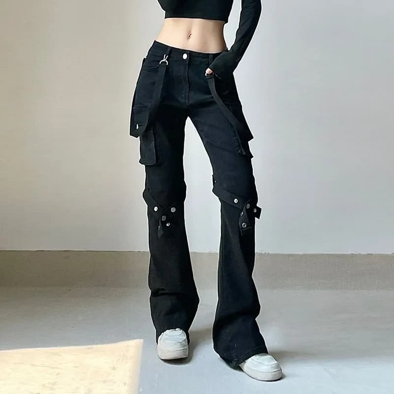 Fashion Punk Gothic Rivets Patchwork Cargo Pants Sexy High Waist Black Straight Long Trousers Metal Jeans Pants Streetwear